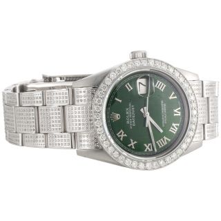Mens Rolex 36mm Datejust Diamond Watch Fully Lced Band Green Roman Dial 5 Ct.