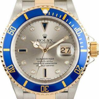 Rolex Submariner 18k Yellow Gold/steel Serti Diamond Dial Watch E 16613