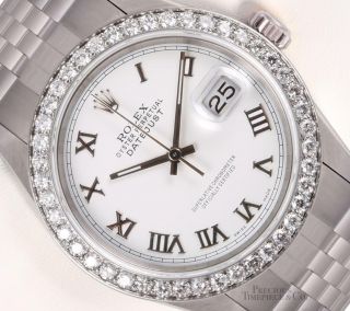 Rolex Datejust 36mm Stainless Steel Watch 1.  6ct Diamond Bezel - White Roman Dial