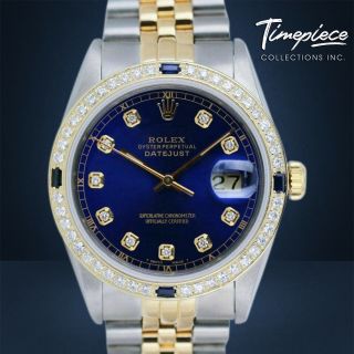 Mens Rolex Watch Datejust 18k Gold & Steel Blue Diamond Dial & Bezel W Sapphires