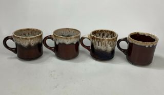 Vtg Set Of 4 Hull ? Brown Drip Glaze Oven Proof Thick Handled Coffee Tea Mugs