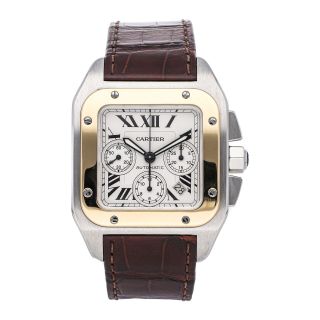 Cartier Santos 100 Chronograph Xl Auto Steel Gold Mens Strap Watch W20091x7