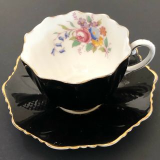 Antique Paragon Fine Bone China Hm Queen & Queen Mary Black Flowers Cup&saucer