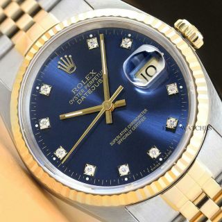Authentic Rolex Mens Datejust 16233 Two - Tone Factory Diamond Dial Watch