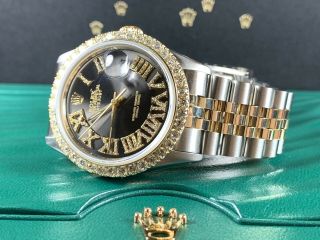Rolex Datejust 36mm Men ' s Watch 2 - Tone Gold/SS Black Dial 3ct Diamonds 16013 2
