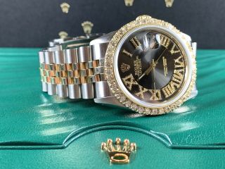 Rolex Datejust 36mm Men ' s Watch 2 - Tone Gold/SS Black Dial 3ct Diamonds 16013 3