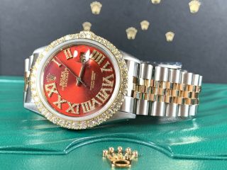 Rolex Datejust 36mm Men ' s Watch 2 - Tone Gold/SS Red Dial 3ct Diamonds 16013 2