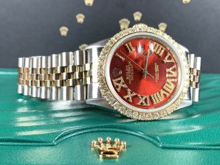 Rolex Datejust 36mm Men ' s Watch 2 - Tone Gold/SS Red Dial 3ct Diamonds 16013 3