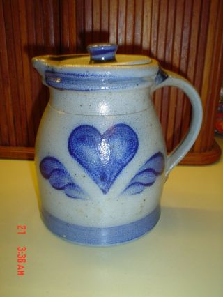 1991 Rowe Pottery Salt Glazed Stoneware Cobalt Blue Heart Floral Pitcher Jug