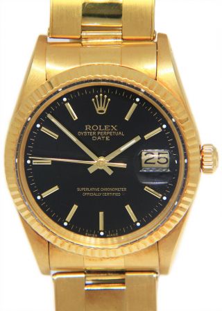 Rolex Date 18k Yellow Gold Black Dial Mens 34mm Watch 15038