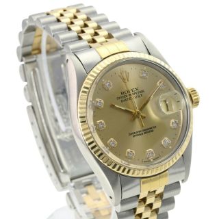 Rolex Mens Datejust 16233 Two - Tone Champagne Diamond Dial 18k Fluted Bezel 36mm