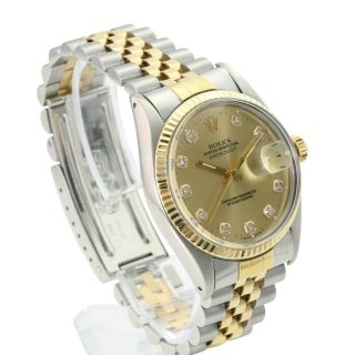 Rolex Mens Datejust 16233 Two - tone Champagne Diamond Dial 18K Fluted Bezel 36mm 3