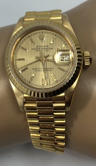 Rolex Ladies Solid 18k Yellow Gold Datejust President Watch Tapestry Dial 69178