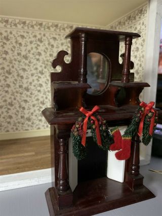 DOLLHOUSE Fireplace with Christmas Wreath & Tools 2
