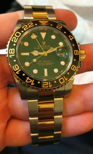 Rolex 18k Gold/stainless Steel Ceramic Green Dial Gmt Master Ii 116713 40mm