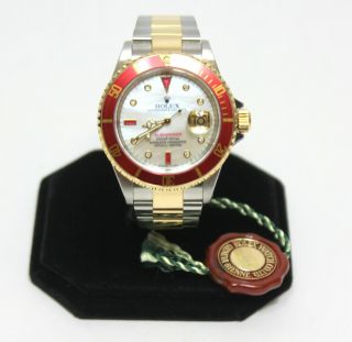 Men ' s Rolex Submariner 18K Yellow Gold & SS Wristwatch MOP Diamond Dial Ruby Red 2
