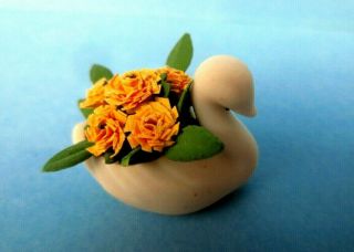 Miniature Dollhouse Ceramic Swan Flower Pot With Hand Planted Flowers 1:12