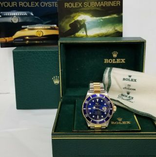 Rolex 18k Gold Ss Submariner 16613 Blue On Blue Style Clasp Box Booklets