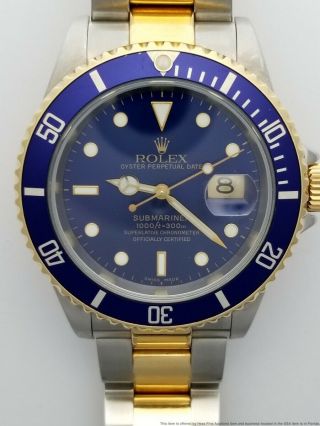 Rolex 18k Gold SS Submariner 16613 Blue On Blue Style Clasp Box Booklets 3
