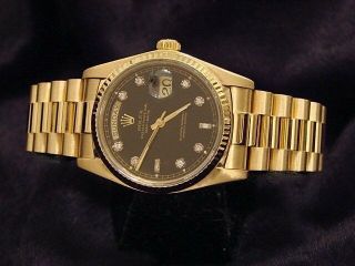Mens Rolex Day - Date President 18k Yellow Gold Watch Black 8,  2 Diamond Dial 18038