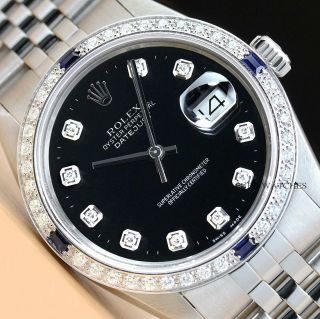 Mens Rolex Datejust 16014 Black Diamond Sapphire 18k White Gold & Steel Watch