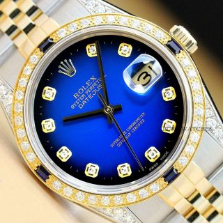 Rolex Mens Datejust Two Tone 18k Yellow Gold Diamond Sapphire Quickset Watch