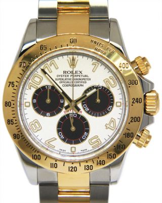 Rolex Daytona 18k Yellow Gold & Steel Panda White Dial Mens 40mm Watch 116523