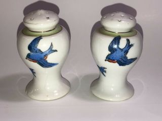 Rare Vtg Salt & Pepper Shakers Nippon Hand Painted Blue Birds Japan - Cork Plugs