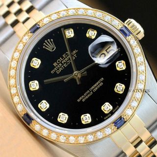 Rolex Mens Datejust 2 - Tone 18k Yellow Gold Diamond Sapphire Watch & Rolex Band