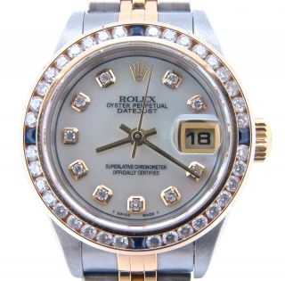 Rolex Datejust Lady 18k Yellow Gold Steel Watch White Mop Diamond Blue Sapphire