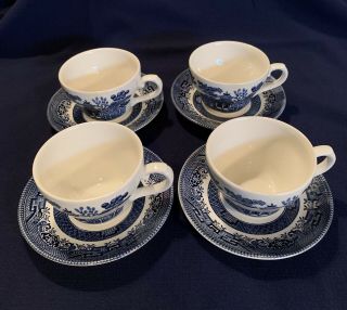 Churchil Blue Willow England Set Of 4 Cups And Saucers