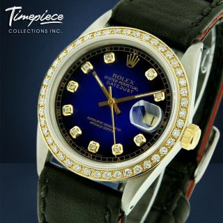 Rolex Watch Mens 36mm 18k Gold Steel Datejust Blue Vignette Diamond Dial Leather