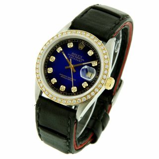 Rolex Watch Mens 36mm 18k Gold Steel Datejust Blue Vignette Diamond Dial Leather 2