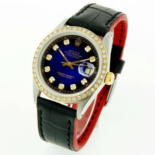 Rolex Watch Mens 36mm 18k Gold Steel Datejust Blue Vignette Diamond Dial Leather 3