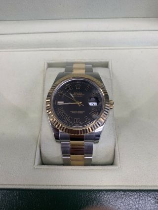 Rolex Datejust Ii 18k Gold/steel Black Roman Dial Watch Box 116333 Oyster