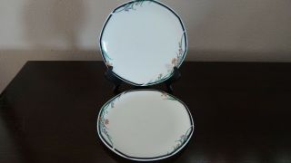 Royal Doulton Octagonal Juno Salad Plates X 2 Floral On White,  Blue&green Band