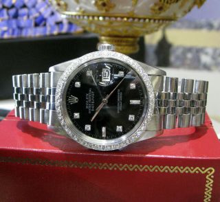 Mens Vintage Rolex Oyster Perpetual Datejust 36mm Black Color Diamond Dial Watch