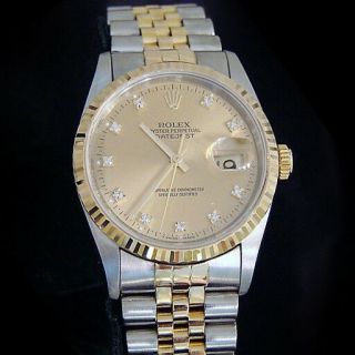 Rolex Datejust Men 18k Gold Steel Watch No Holes Champagne Factory Diamond 16233