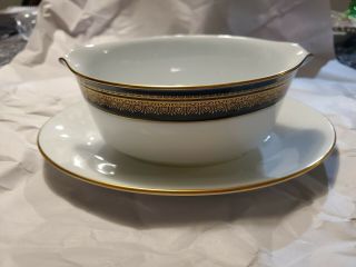 Legacy By Noritake Vienna Gravy Boat W/ Attached Underplate 2796 Blue/gold Euc