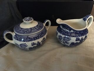Vintage Blue Willow Creamer And Sugar Bowl With Lid