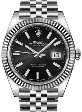 Rolex Datejust 41 Steel & 18k White Gold Black Dial Watch & Box 126334