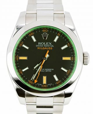 2011 Rolex Milgauss Green Black Orange 116400 Gv V 40mm Stainless Watch