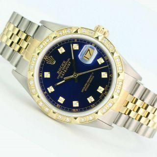 Mens Rolex Watch Datejust 18k Gold & Steel Royal Blue Dial With Diamonds & Track