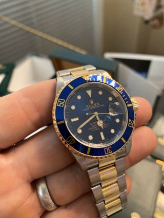 Rolex Submariner 18k Yellow Gold & Steel Blue Mens 40mm Watch Box/papers 16613