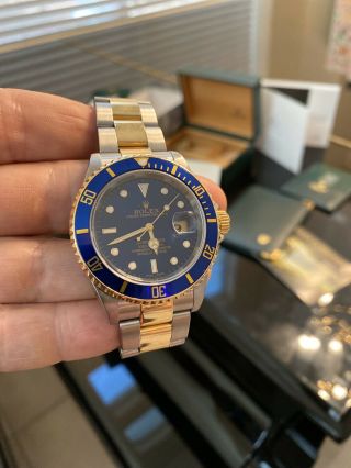 Rolex Submariner 18k Yellow Gold & Steel Blue Mens 40mm Watch Box/Papers 16613 2