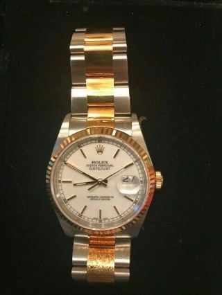 Rolex Mens Datejust 16233 Two - Tone 36mm Silver Dial 18k Gold Bezel Watch