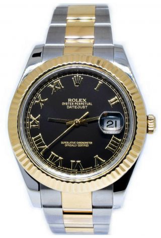 Rolex Datejust Ii 18k Gold/steel Black Roman Dial 41mm Watch Box/papers 116333