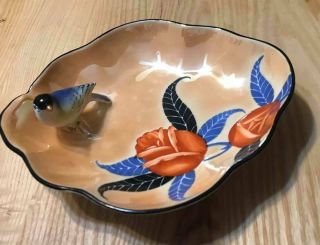 Vintage Hand Painted Noritake Japan Lusterware Art Deco Bowl With 3 - D Bird