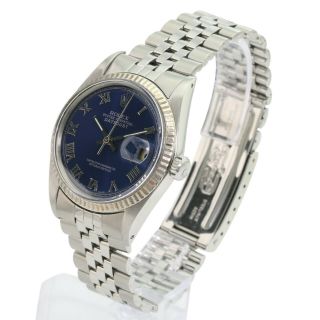Rolex Mens Datejust Stainless Steel Blue Roman Dial Fluted Bezel 36mm Watch
