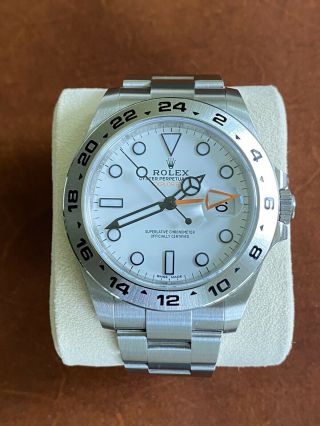 Rolex Stainless Steel Explorer Ii Watch 42mm 2018 Orange Hand White Dial 216570